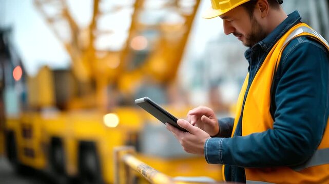 Faceless worker personal safety inspection of yellow lift platform heavily defocused industrial setting background anonymous employee in helmet and reflective vest using tablet