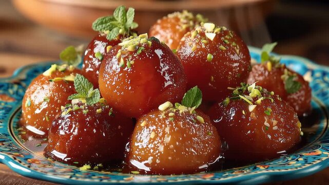 Gulab jamun mawa gulan jamun on a colorful plate ready to be served during a festive gathering