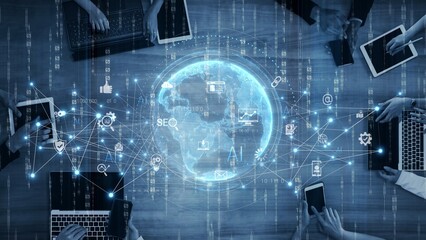 Fototapeta premium Global AI-powered digital network ecosystem connecting data, finance, analytics, ecommerce, communication, and automation across continents through technology and cloud Marrow
