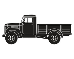 Vintage style black flatbed truck illustration with classic design features and simple line art