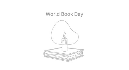 Obraz premium World Book Day icon with candle on book and thought bubble, line art style, educational symbol.