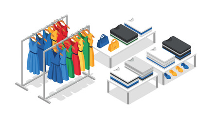 Fototapeta premium Isometric collection of women's apparel items, including colorful dresses on hangers and neatly folded clothes on shelves with accessories.