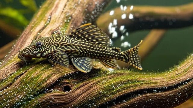 Close-up of a beautiful armored Pleco fish attached to submerged wood in an aquarium, surrounded by tiny air bubbles, natural underwater scene.