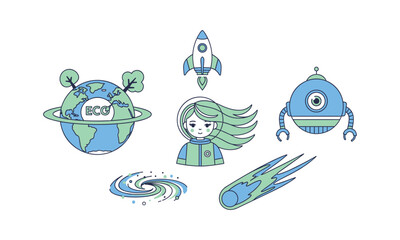 Stylized illustration of space exploration featuring earth robot and comet © MDSAJEEB