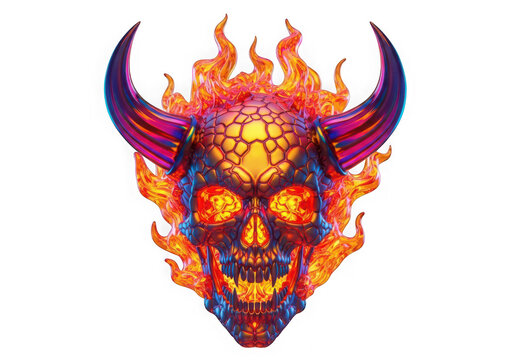 A fierce and colorful devil head with horns and flames, symbolizing power and intensity.