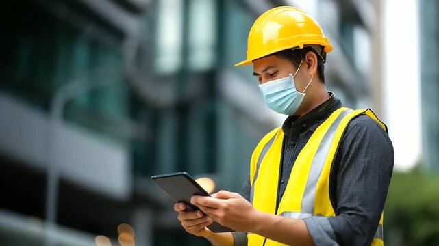 Faceless building inspector man using digital tablet heavily defocused background anonymous Asian male worker in reflective vest and protective ear muffs safety and security