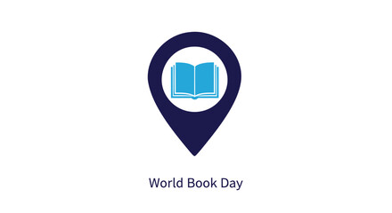 World Book Day icon set, isolated on transparent background. Includes book, location pin, reading, literacy symbols. Created in minimalist style with blue and white color palette.