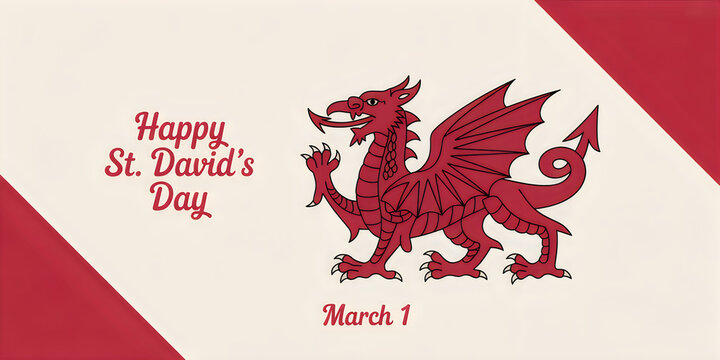 Red dragon on St Davids Day greeting card design with Welsh flag