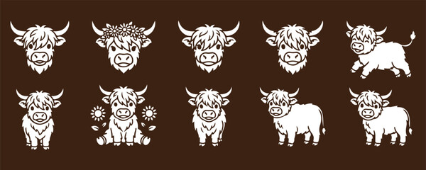 Cute Yak And Highland Cow Cartoon Vector Animal Icon Set