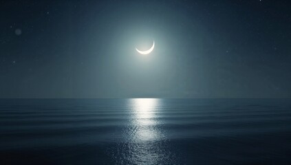 Obraz premium Crescent moon shining brightly over a calm ocean at night with stars in the sky