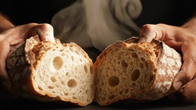 Male hands breaking a fresh crusty loaf of sourdough bread.