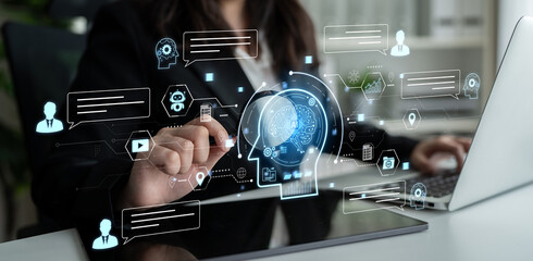 Plakat Artificial intelligence AI chat message concept linking users, knowledge base, search and analytics to provide automated NLP data support and informed business decisions, tech model training. Corpus