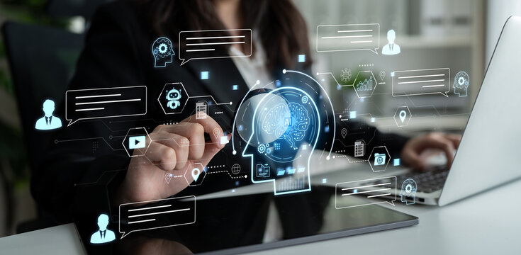 Artificial intelligence AI chat message concept linking users, knowledge base, search and analytics to provide automated NLP data support and informed business decisions, tech model training. Corpus