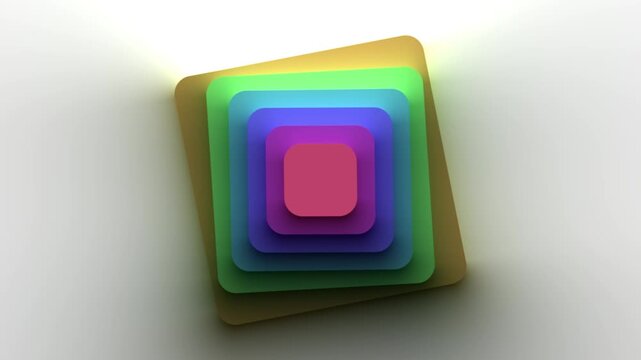 Abstract 3d animation of colorful nested rounded rectangles rotating in loop on white