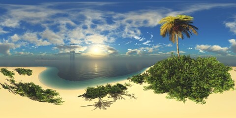 HDRI High resolution map, environment map, Round panorama, spherical panorama, equidistant projection, sea sunset, panoramic, 3D rendering. Sunset over a tropical island  © ustas