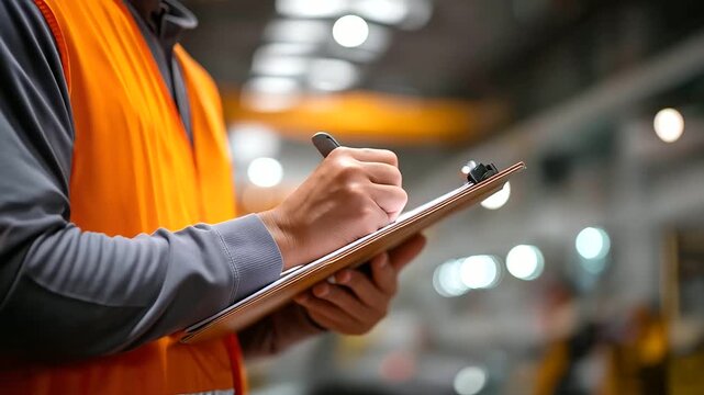 Faceless worker in orange safety vest writing on clipboard heavily defocused industrial facility background anonymous employee conducting safety inspection workplace compliance