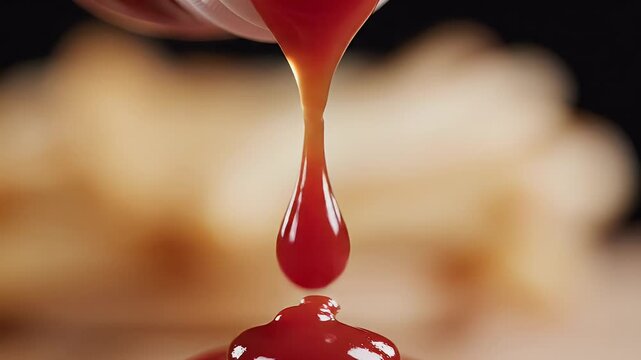 Close up of ketchup pouring from a bottle onto blurred fried potatoes