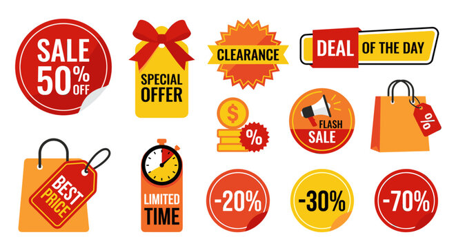 Retail sale badges, discount tags and promotional labels set