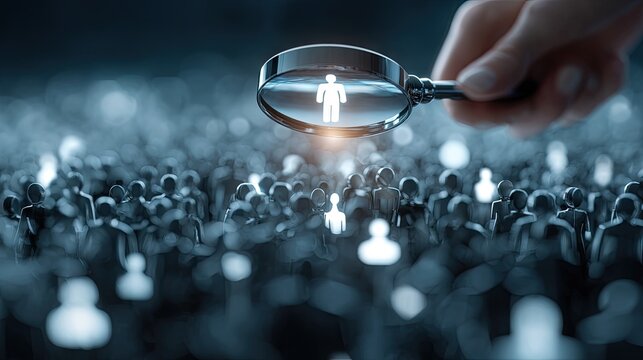 Magnifying glass focuses on an illuminated human figure within a large, shadowy crowd of stylized people.