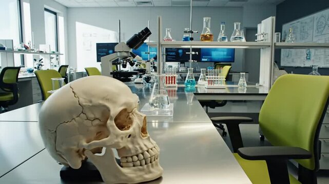 Human Skull Model Resting on a Desk in an Empty Scientific Laboratory.