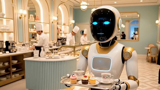 A robot with glowing blue eyes is serving a tray of cupcakes and tea inside a bakery. Chefs are visible behind the counter preparing pastries.