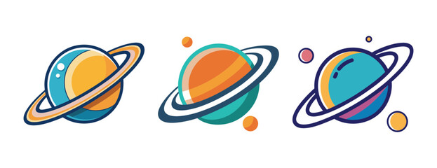 Three stylized colorful planets with rings vector illustration © Kohinoor