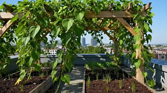 Wooden arbor with lush green foliage and sunlight outdoors