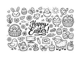 Spring Easter celebration vibes, hand drawn doodle elements set, center hand-lettered title, black & white vector line art, bold