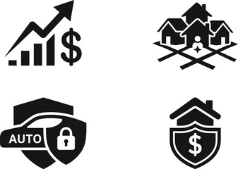 Property Investment Market Value and Insurance Protection Icons for Real Estate Management