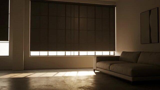 Bright living room with sofa and large windows lets in the sunlight indoors.