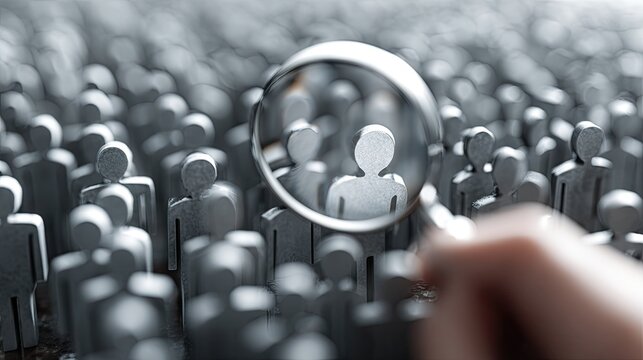 Close up view of human resource selection process using a magnifying glass over small figures