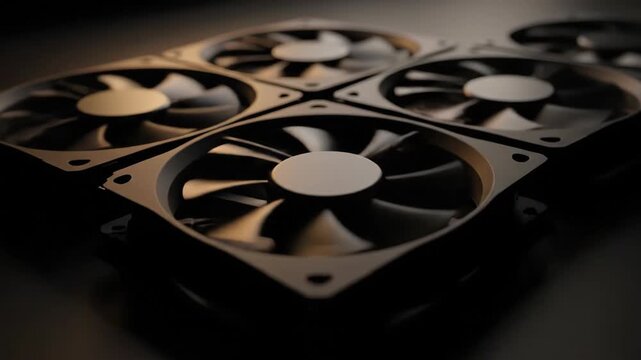 Four PC case cooling fans arranged on a dark surface, technology components. System cooling.