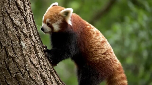 Adorable red panda with rich reddish-brown fur clings to a rough textured tree trunk exploring its natural arboreal habitat.