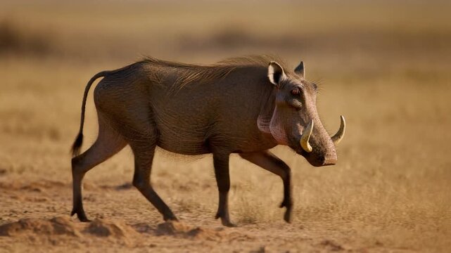 Warthog walking across dry savanna grassland in african plains