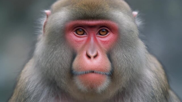Close up portrait of Japanese macaque with pink face and dense grey fur