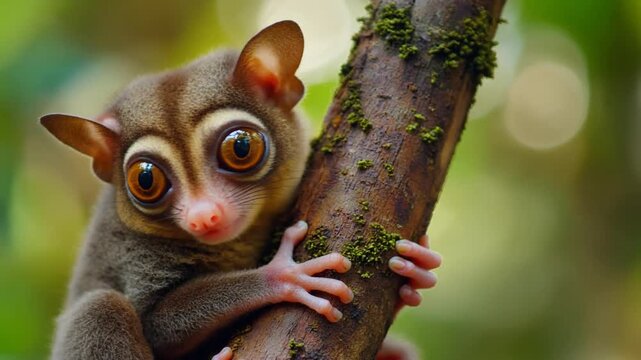 Closeup Philippine tarsier clinging to mossy branch wildlife portrait