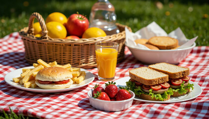 Picnic spread with sandwiches, fruits, and drinks on checkered blanket  