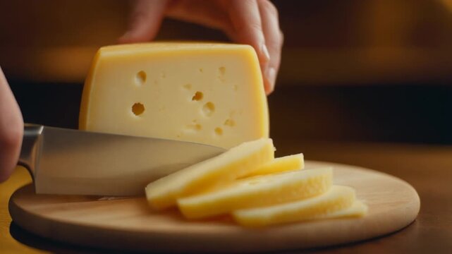 Close up of slicing semihard cheese on wooden board with knife