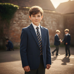 Portrait of a schoolboy in a blue blazer and striped tie
