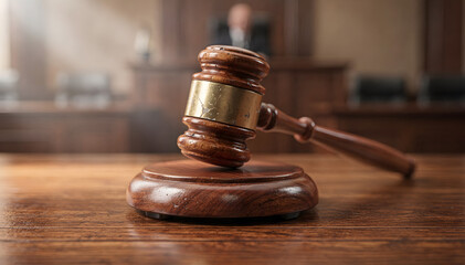 Obraz premium Gavel Resting on Wooden Sound Block in Courtroom Setting: Symbol of Justice, Fairness, and Legal Proceedings for Law, Government, and Judicial Processes. A Professional Image