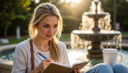 Young woman studying outdoors by a fountain during sunset  