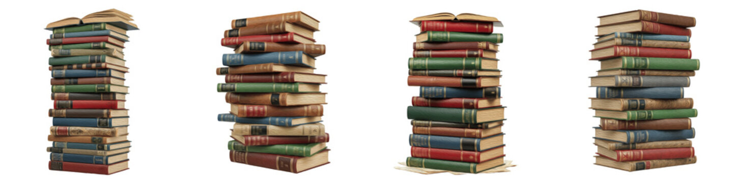 Vintage Hardcover Book Stack PNG Set, Tall Piles of Antique Novels with Aged Paper and Colorful Spines Isolated on White Background, Library and Education Clipart