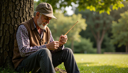 Elderly man sitting under a tree in park and whittling wood