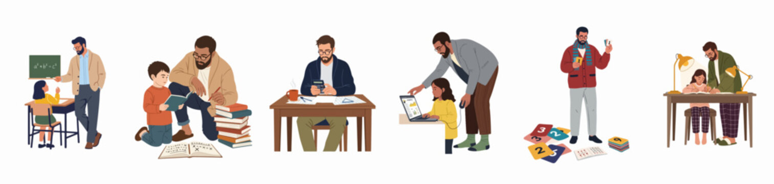 Man teaching children math, digital skills, and homework. Scenes of private tutoring, homeschooling, and academic support for young students.