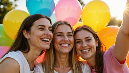 Three young women smiling and taking a selfie with balloons outdoors  