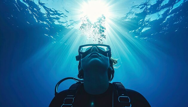 scuba diver (scuba diver) seen from a low angle (low angle), looking towards the surface of the water where bright sunlight penetrates the depths of the blue sea.&nbsp;Sun rays ma