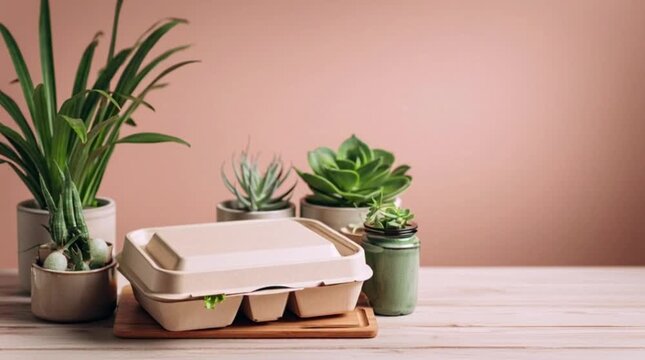 Healthy takeaway meal in eco-friendly container with plants