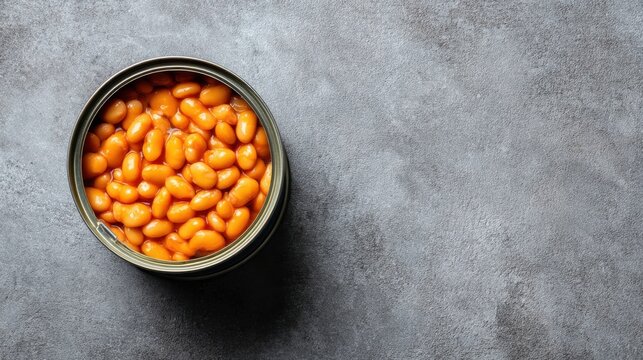 Can of beans is sitting on a grey surface. The beans are orange and appear to be canned