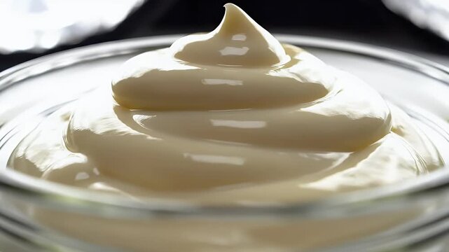 Creamy white sauce swirl in glass bowl against neutral background