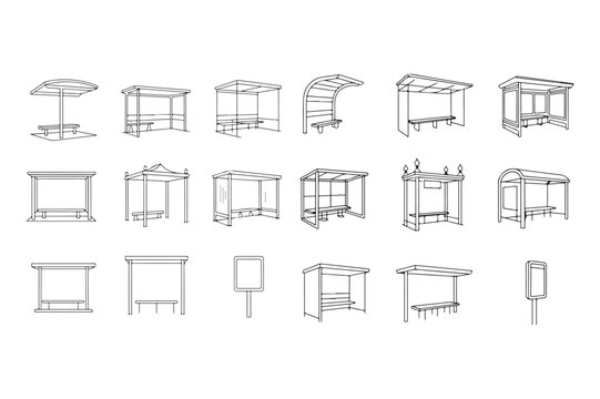 Line drawing of various types of outdoor market stalls and booths for shopping and commerce  outdoor furniture designs